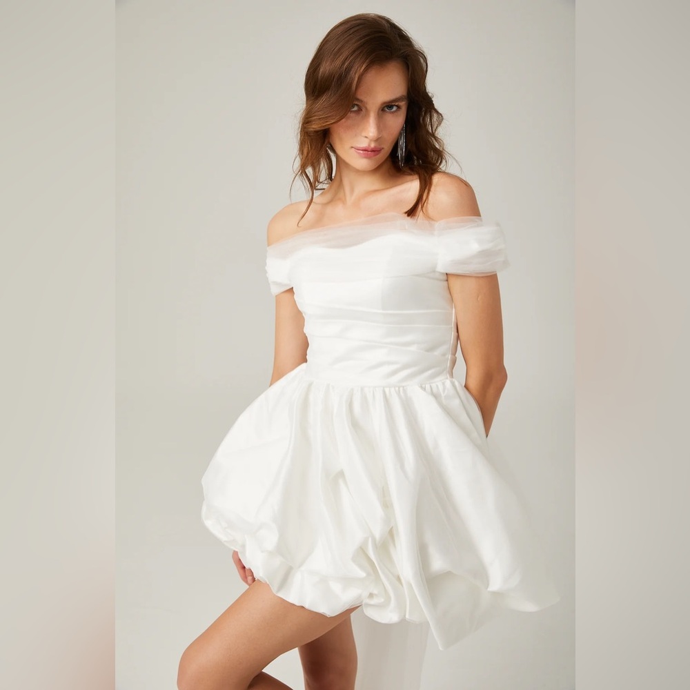 Miss Rosier Aurore white off-shoulder bowknot mini dress NWT